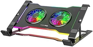 جيجاماكس قاعدة تبريد لابتوب GM-55 من الستيل الفاخر - 13 اعداد مسبق للضوء RGB - مراوح مزدوجة 65 ملم - حامل محمول قابل للطي مع 7 مستويات ارتفاع قابلة للتعديل، تحكم في سرعة العجلة، تعمل بمنفذ USB-C