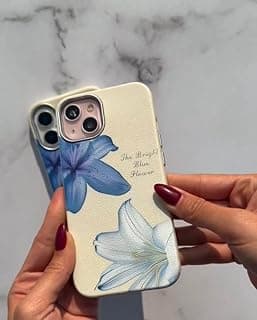 Fekra Luxury Blue Flower Case for iPhone 15 with Camera Lens Protector Included, Slim Silicone Cover with Microfiber Lining, Anti-Fingerprint, Shockproof Phone Case (Masa lilium, iPhone 15)