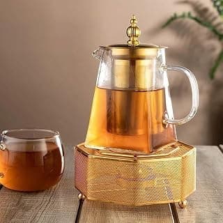 براد شاي زجاجي بغطاء ستانلس ستيل، تصميم مضلع، يد بلون كهرماني، زجاج بوروسيليكات مقاوم للحرارة، مصفاة شاي - 950 مل