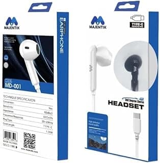 Type C MD-001 Wired Earbuds 360° Stereo Sound HD Headphones with HD Microphone and Volume Control for Samsung Galaxy S24 S23 Ultra Google Pixel 8 iPad Pro (1.35m, White)