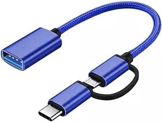 كابل محول او تي جي 2 في 1 USB الى ميكرو + نوع C للهاتف الذكي، (ازرق)