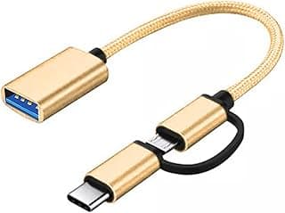 كابل محول او تي جي 2 في 1 USB الى ميكرو + نوع C للموبايلات، ذهبي