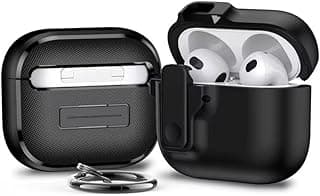 جراب سيليكون متوافق مع سماعات ابل AirPods 4، حماية 360 درجة مضاد للصدمات والخدوش، مزود بميدالية معدنية (كاربينير) ودعم الشحن اللاسلكي - أسود