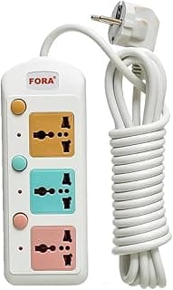 FORA 603 Heavy Duty Power Strip - 3 Multi-Socket Outlets with Individual Switches and Indicator Lights, Long Reinforced Cable, High-Load Capacity for Home and Office Appliances - White/Multicolor