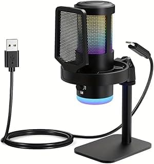 ميكروفون مكثف بمنفذ USB مع إضاءة RGB وتقليل الضوضاء وكتم الصوت وفلتر بوب وحامل، متوافق مع الحاسوب الشخصي