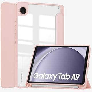 جراب ذكي لجهاز سامسونج Galaxy Tab A9 مقاس 8.7 بوصة 2023 ظهر شفاف، نوم/تنبيه تلقائي، مع حامل قلم S Pen، غطاء تابلت نحيف خفيف الوزن ومضاد للصدمات بمسند ثلاثي، وردي
