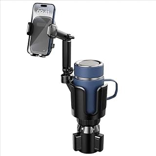 Car Cup-Holder Phone-Mount with Long Arm, Expander with Rubber, Expandable Base, 2 in 1 Adjustable, for 8-32 oz Bottle, Cell Phone Stand Holder Friendly Fit All Mobile Smartphones, Black
