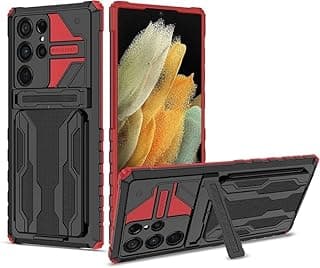 Compatible with Samsung Shock Absorbent Protective Case Cover with Card Holder Kickstand Camera Protection Shockproof Anti-Scratch Stylish Unique Design (Red, S22 Ultra)