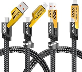 كابل شحن سريع 4 في 1 (عبوة من قطعتين)، لنقل البيانات، طول 6.65 قدم، كابل مضفر 65W، يدعم USB C و USB A و IP، للهواتف والتابلت