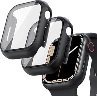 2 Pack Waterproof Hard PC Case with Built-in Tempered Glass Screen Protector Compatible with Apple Watch Series 9 45mm - Full Cover Bumper for iWatch - Black