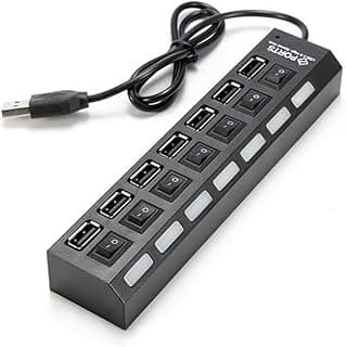 موزع USB 7 منافذ مع مفتاح تشغيل/إيقاف، أسود