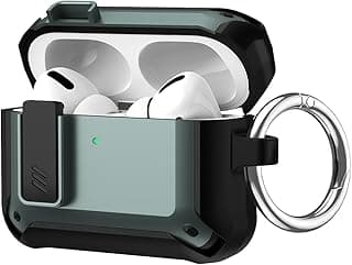 جراب AirPods Pro الجيل الثاني/الأول مع قفل، جراب متين لـ AirPods Pro 2/1 (2023/2022/2019) غطاء حماية رائع للرجال، درع كامل مضاد للصدمات مع ميدالية (أسود أخضر)