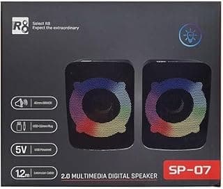 سماعة جيمنج R8 SP07 للكمبيوتر - ميني ستيريو سلكية بإضاءة RGB - مدخل 3.5 مم + منفذ USB 2.0، مخصصة للألعاب/الأفلام/الموسيقى/الكمبيوتر/اللابتوب