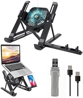 Foldable Laptop Stand with USB Cooling Fan, Support 16-18 Inch Devices, Phone Stand and Non-Slip Silicone Pads, Black
