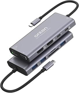 UC601 USB C HUB Dock Station 12 In 1 - HDMI (4K) x2 + VGA + RJ45 + USB-C (PD 3.0 + DATA) x2 + USB 3.0 x3 + TF + Audio Out 3.5MM - Compatible with Mac OS, Windows, Linux, Android, iOS - Black