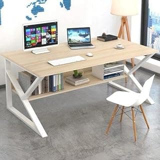 مكتب LION HOME أبيض 120x60 سم، مكتب كتابة عصري كبير للمنزل والمكتب | مكتب دراسة بإطار معدني متين وسطح خشبي | طاولة كمبيوتر للعمل من المنزل
