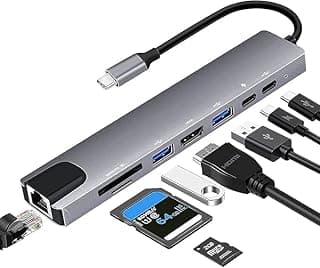 موزع USB C 8 في 1 مع محول ايثرنت - موزع USB C متعدد المنافذ مع شحن PD 100 واط ومنفذ HDMI 4K ومنافذ USB 3.0 وقارئ بطاقات SD/TF ومنفذ نوع C متوافق مع ايفون 15 وماك بوك وايباد وسامسونج وسيرفا
