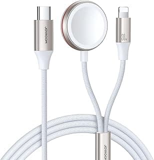 شاحن مغناطيسي 2 في 1 S-IW012 لساعة اي بي من جوي روم + كابل شحن سريع 30 وات - USB-C - 1.5 متر - ابيض، لهاتف ذكي