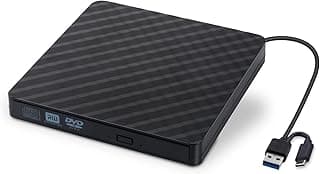 محرك أقراص DVD خارجي بمنفذ USB 3.0/Type C، نحيف ومحمول للابتوب والديسكتوب وماك بوك ويندوز 7/8.1/10 ولينكس