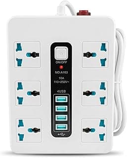 مشترك كهرباء 6 مقابس + 4 USB، قدرة 2500 وات مع زر طاقة ولمبة بيان، تصميم آمن وسريع الشحن للمنزل والمكتب