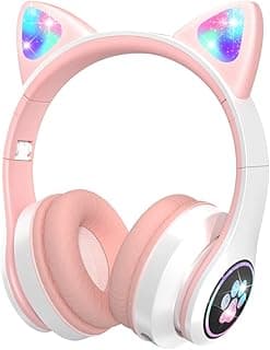 Bluetooth Headphones for Kids with Microphone/LED Lighting, Wireless Headphones 85dB Limiter, Foldable On-Ear Headphones for Smartphone/School/Desk/PC/Kindle (Pink)