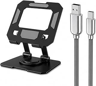 Tablet Stand, Metal | With USB A to USB C 3A Charging Cable Included | Foldable Adjustable Holder, 360° Rotating, Compatible with Tablets and Smartphones From 4.7-12.9 Inch, Black