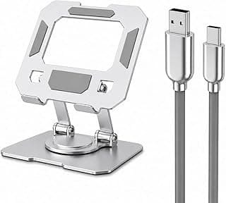 حامل تابلت، معدني | يشمل كابل شحن USB A إلى USB C 3A | حامل معدني قابل للطي والتعديل، دوران 360 درجة، متوافق مع التابلت والموبايلات من 4.7-12.9 بوصة، فضي