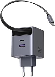 شاحن سريع 66 وات GaN مع كابل داخلي، 2 منفذ USB-C، 1 منفذ USB-A، رمادي، 65825