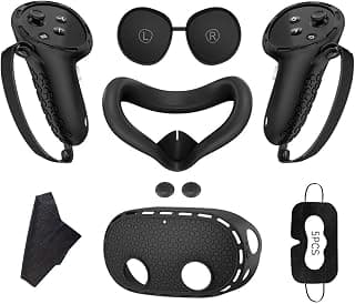 fashion mania 7 in 1 VR Accessories Compatible with Meta Oculus Quest 3s 2024, Silicone Face Cover, Protective Lens Cover,5 Disposable Eye Cover, VR Cleaning Cloth, 2 Thumb Grips(Black)