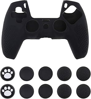 جراب سيليكون حماية غير قابل للانزلاق بتصميم حبيبات أسود مع 10 أغطية انالوج FPS Pro لذراع تحكم PS5