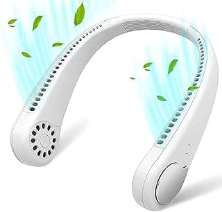 مروحة الهواء المحمولة شنقا الرقبة مكيف الهواء مع سرعة قابل للتعديل USB قابلة للشحن تصميم سماعة أذن يمكن ارتداؤها باليد للمكتب، السفر، حمل الرياضة، الأنشطة في الهواء الطلق، أبيض