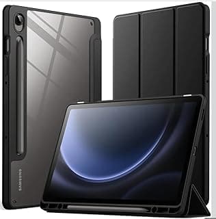 جراب لسامسونج Galaxy Tab S9 FE 10.9 بوصة مع مكان للقلم، ظهر صلب شفاف، غطاء تابلت قابل للطي، إيقاظ/نوم تلقائي (أسود)