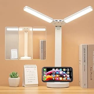 مصباح مكتب LED، مصباح طاولة للكمبيوتر، قابل للشحن، مريح للعين، تحكم باللمس مع منفذ شحن USB، مصباح بجانب السرير للقراءة والمذاكرة، أبيض (رأس مزدوج)
