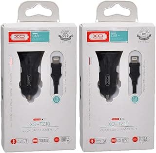 طقم شاحن سيارة tz10 مع كابل لايتنينج، مخرج 2.1 أمبير بحد أقصى 12 وات، مخرج 2 USB، طول 1000 مم، طقم من قطعتين - أسود