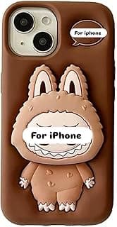 جراب سيليكون ناعم بشخصية ثلاثية الأبعاد من Fekra مع حامل لهاتف iPhone 16، حماية شاملة، مضاد للانزلاق (بني، iPhone 16)