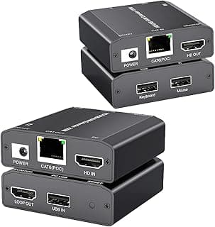 موسع HDMI USB KVM عبر كابل Cat 6/7 بدقة 1080P@60Hz، مسافة 150 متر، يدعم كيبورد وماوس، بدون تأخير، وظيفة POC، مصدر طاقة واحد