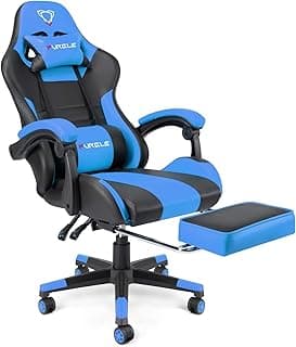 FORGEL Gaming Chair with Footrest, Ergonomic Computer Office Chair Lumbar Support, Video Height Adjustable, 360° Swivel Seat and Headrest, Blue in Black, PU Leather-ELMOTAHEDA