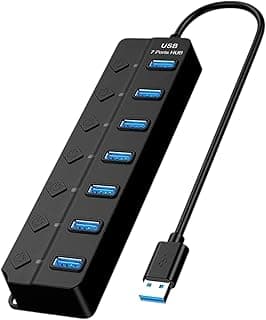 محول موزع USB رفيع للغاية يدعم الطاقة والبيانات وإضاءة ليد متعدد المنافذ للاب توب والكمبيوتر وماك بوك وفلاش ميموري والموبايل والماوس والكيبورد والكمبيوتر المكتبي وكابل تمديد 30 سم (أسود، منفذ 2.0/7)