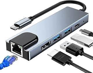 موزع شاحن 5 في 1 USB نوع C بمنفذ HDMI ومنافذ شحن إلى جيجابايت ايثرنت، محول شبكة محلية Rj45 لجهاز ماك بوك برو وأي جهاز يدعم ثاندربولت 3