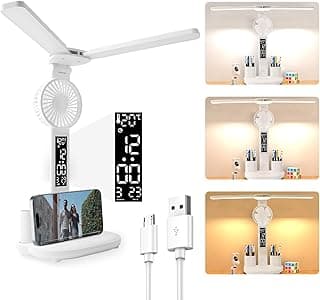 مصباح مكتب LED برأس مزدوج، مصباح طاولة قابل للطي مع شاشة LED ذكية، مصباح باللمس مع 3 أوضاع إضاءة وتعتيم تدريجي، مصباح مذاكرة مع منفذ شحن USB للمنزل والمكتب (مع مروحة)