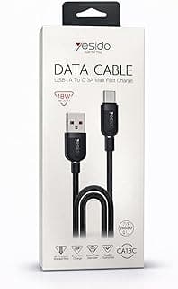 USB-A to USB-C Data Cable, 18W Fast Charging, Braided 200cm, Black