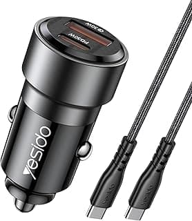 60W Fast Car Charger – Dual USB & Type-C Charging Ports, Smart Charging, Compatible with Car Lighter, Aluminum + Heat Resistant ABS with Type-C to Type-C Cable, Black
