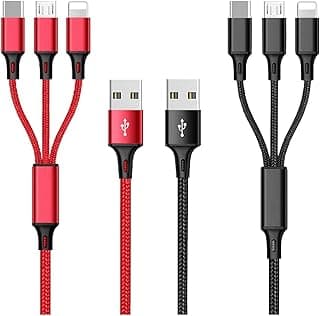 2pack Charger Cable Nylon Braided 3 in 1 Charging Cable Multi USB Cable Fast Charging Cord with Type-C, Micro USB and IP Port, Compatible with Most iPhones iPads Android(red&black) Sold Quality Valley