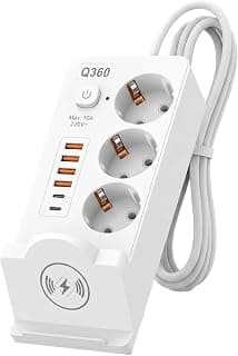 ELMAGHRABY Q360 Power Extension Strip 2500W with Wireless Charger, 3 AC Outlets, 4 USB & 2 USB-C Ports, 2M Heavy Duty Cord, Individual Switches, Overload & Child Safety, White