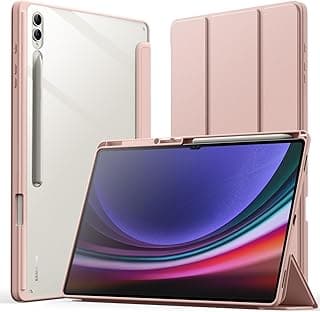 جراب لجهاز سامسونج Galaxy Tab S9 Ultra 14.6 بوصة مع مكان للقلم، ظهر شفاف، غطاء تابلت ثلاثي الطي مضاد للصدمات، خاصية الفتح/الغلق التلقائي (روز جولد)