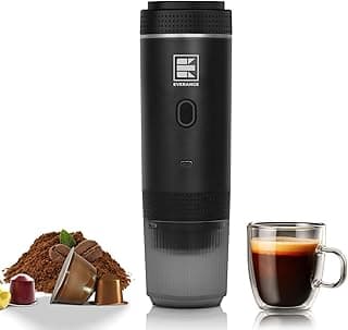 ماكينة تحضير الاسبريسو الكهربائية المحمولة من ايفرينج، ماكينة تحضير القهوة في السيارة للسفر والتخييم، ماكينة تحضير القهوة تعمل بالبطارية متوافقة مع القهوة المطحونة وكبسولات ان اس، اسود