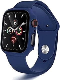 طقم 2 في 1 حزام سيليكون وجراب حماية مع زجاج مقوى مقاس 44 MM لساعة ابل Series 4/5/6 - أزرق داكن، للجنسين