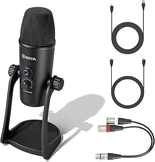 ميكروفون احترافي برو USB XLR مكتبي بأربع أنماط لالتقاط الصوت من بويا مزود بكابل أنثى بـ 5 دبابيس ومخرج وXLR لأجهزة أندرويد صوت أنالوج كمبيوتر بودكاست ألعاب وبث مباشر BY-PM700 أبيض أحادي الاتجاه