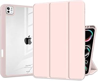 جراب هجين لجهاز iPad Pro 13 بوصة 2024 شريحة M4 [مكان مدمج لقلم ابل] تصميم أنيق مع ظهر شفاف وإطار TPU يدعم خاصية النوم/الاستيقاظ التلقائي، وردي
