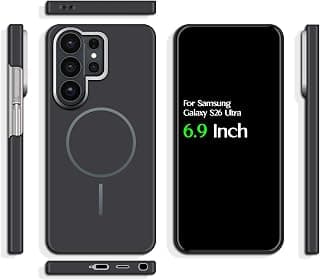 جراب خلفي صلب PC لهاتف سامسونج Galaxy S25 Ultra، يدعم الشحن اللاسلكي وإطار حماية للكاميرا (6.9 بوصة) (رمادي داكن مطفي)